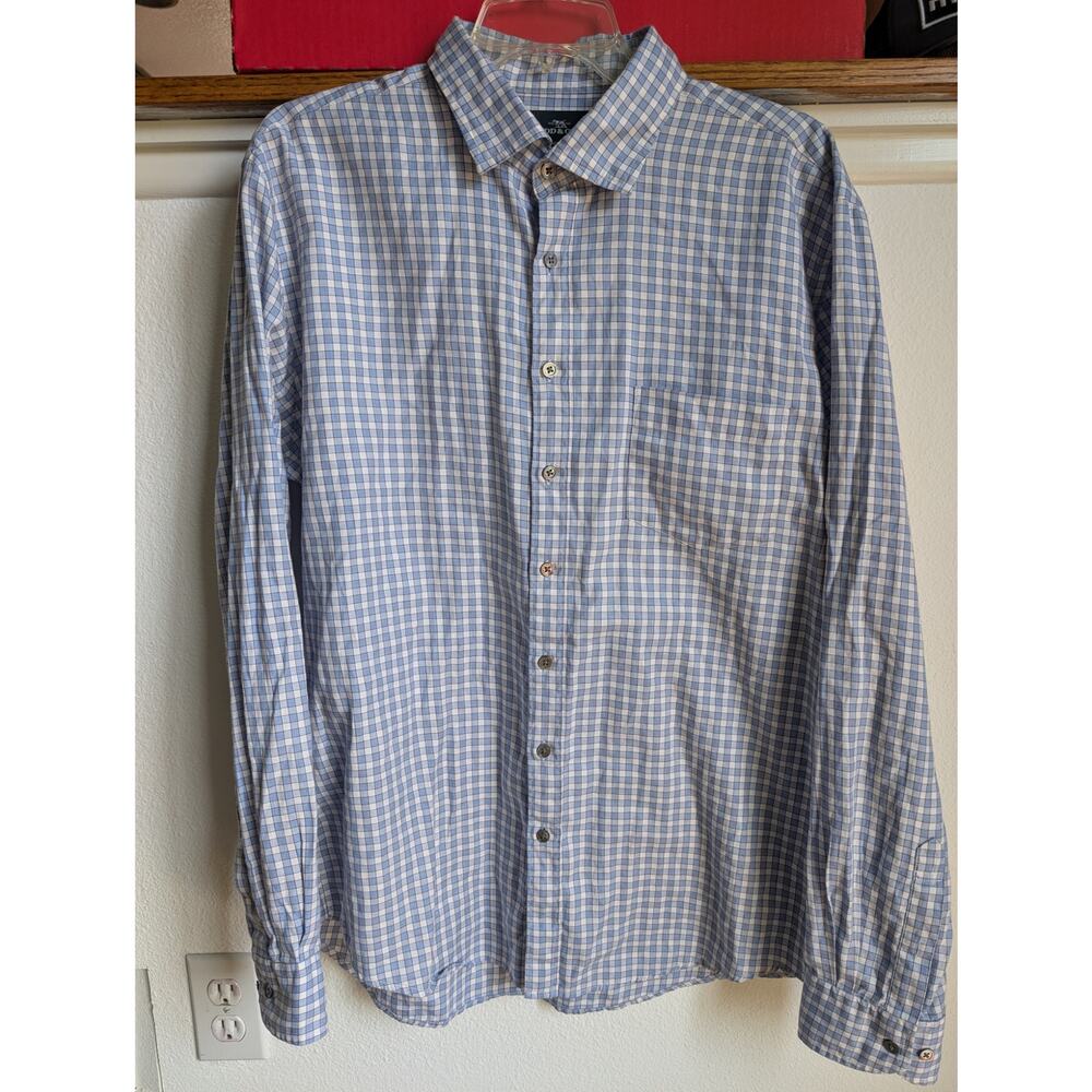 Rodd & Gunn Shirt Mens L Blue White Plaid Button Up Long Sleeve Pocket Italy